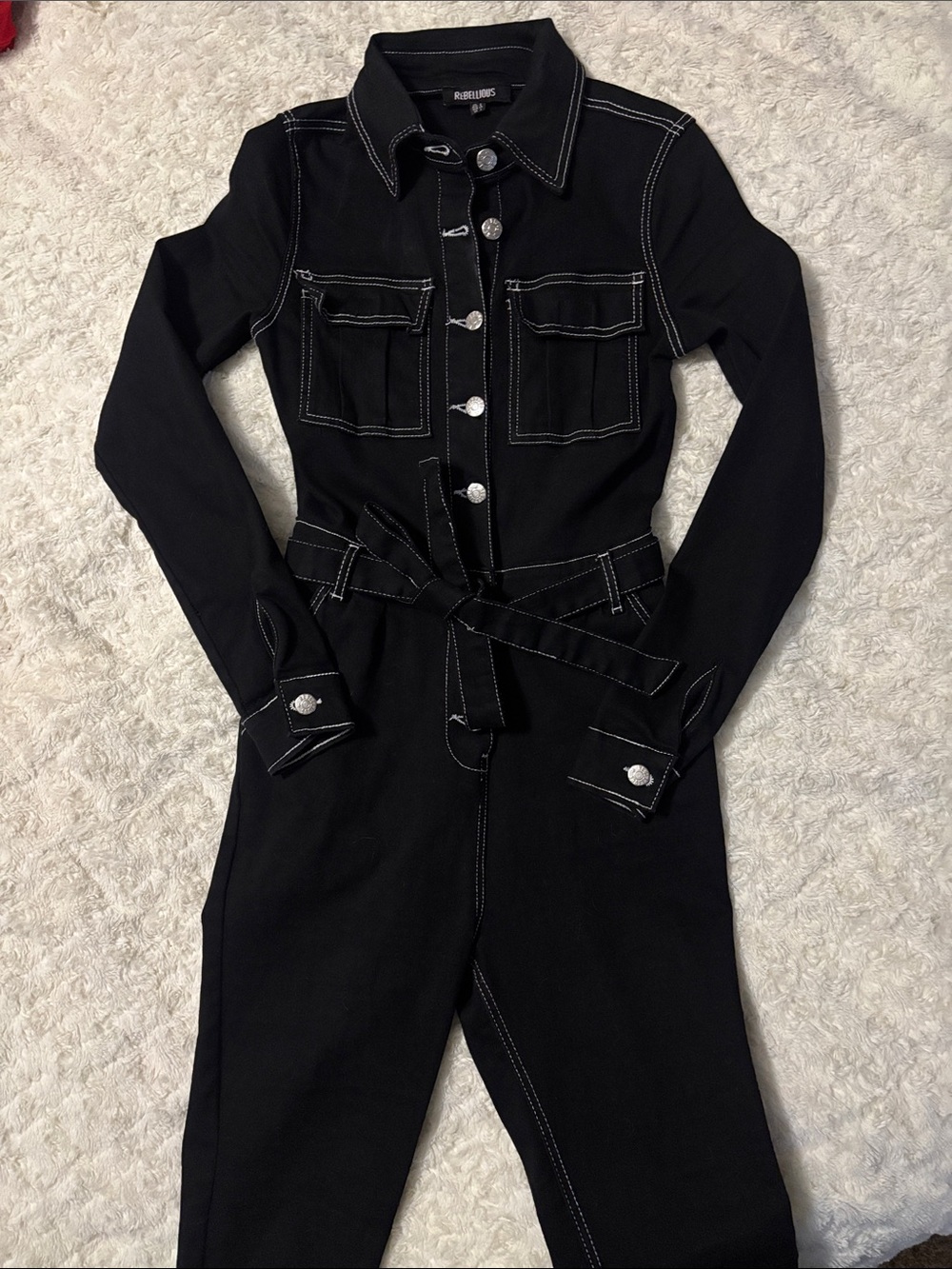Black Contrast-Stitch Utility Jumpsuit with Self-Tie Belt